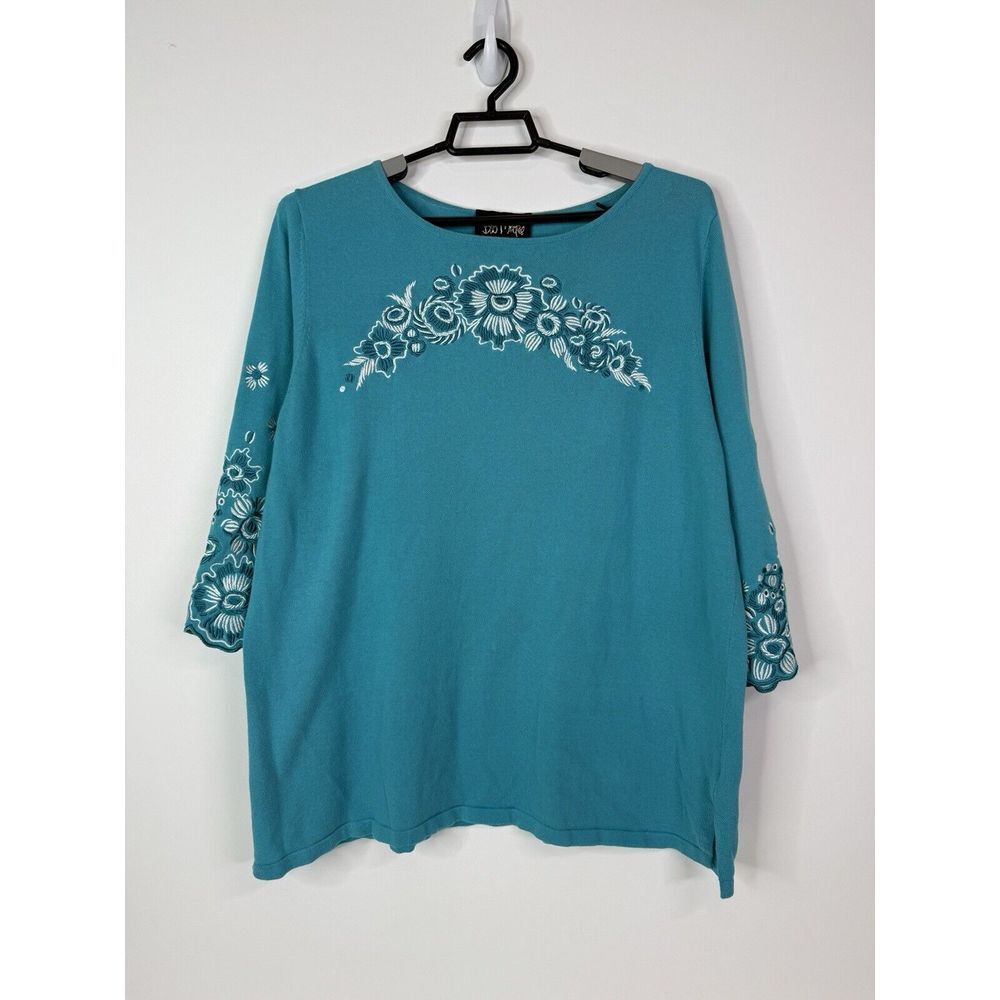 Bob Mackie Embroidered Knit Top Women XL Teal Blue Cottagecore Boho